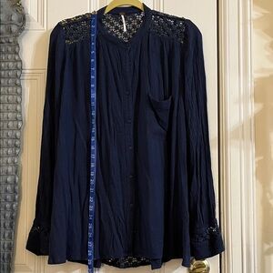 Free People Navy Blouse with Crochet Back